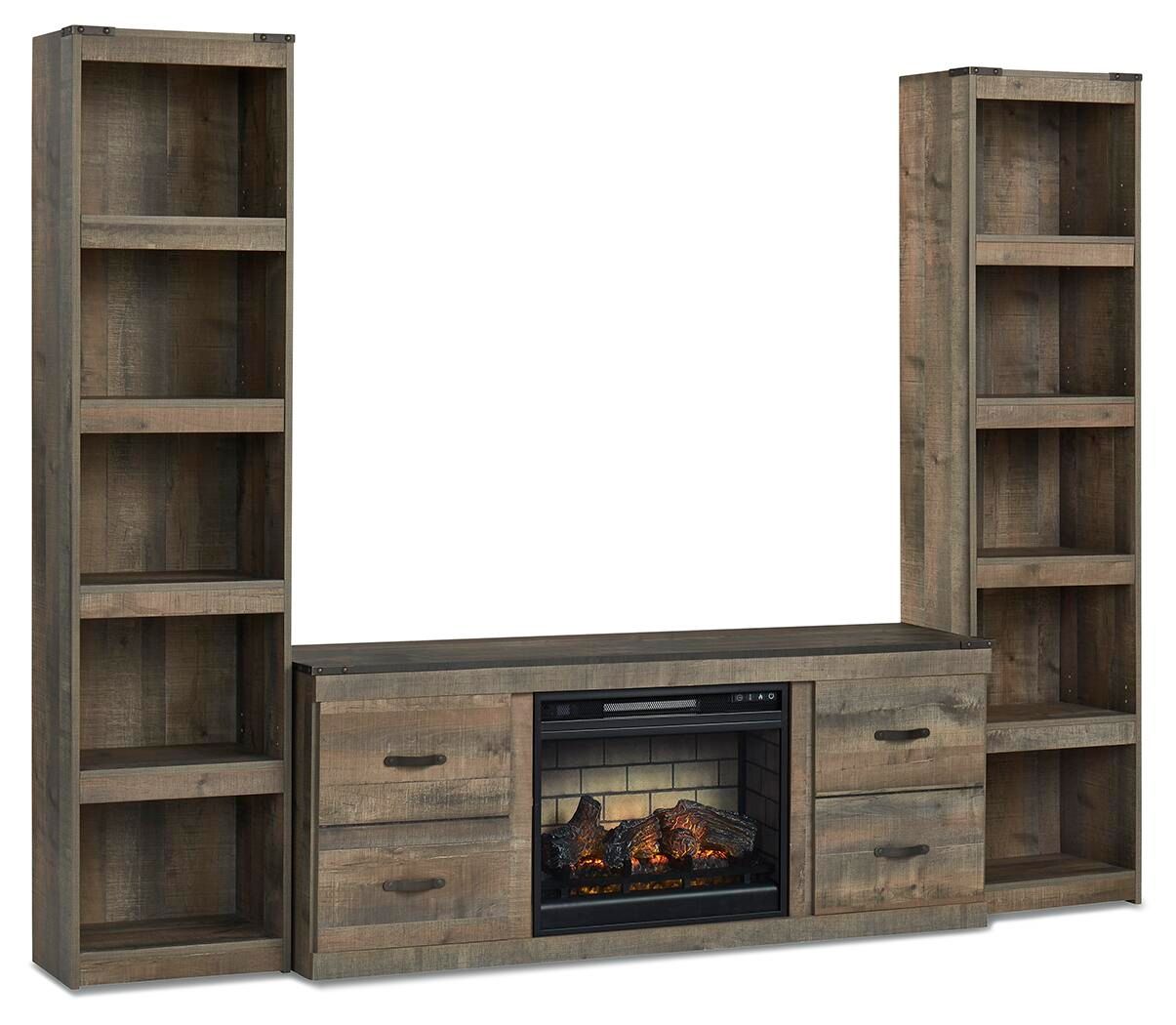 Trinell 3-piece entertainment center with electric fireplace, open shelves and drawers