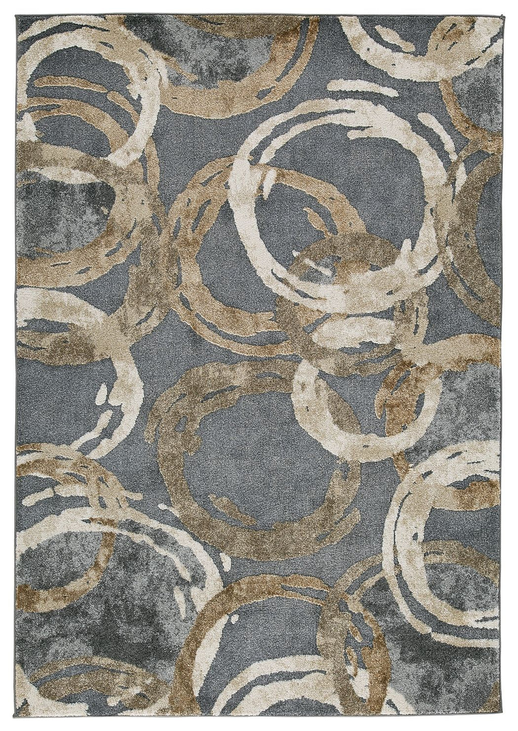 Faelyn rug in dark gray with cream and tan swirling circular pattern