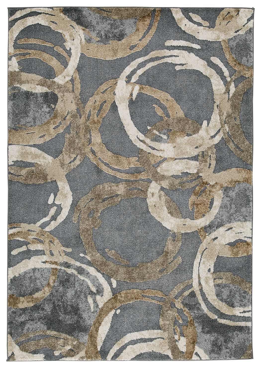 Faelyn rug in dark gray with cream and tan swirling circular pattern