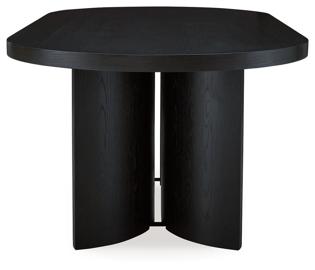 Black oval dining table top view with tapered pedestal base and central support