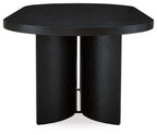 Black oval dining table top view with tapered pedestal base and central support