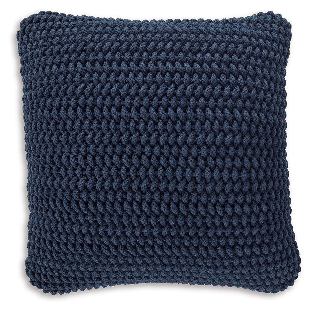 Blue knitted square pillow with thick braided texture and stitched border edging.