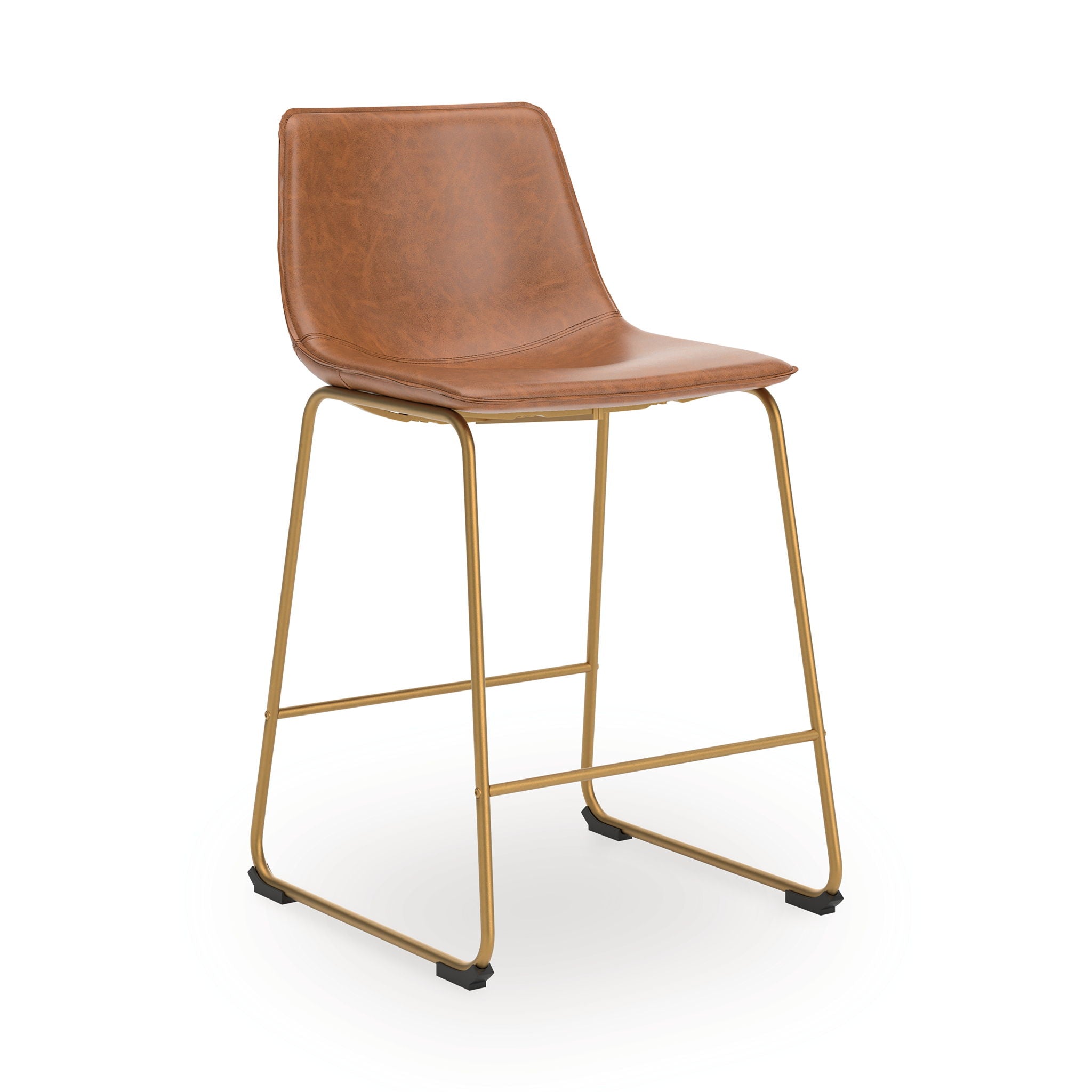 Upholstered barstool, light brown seat, curved gold-tone frame with footrest