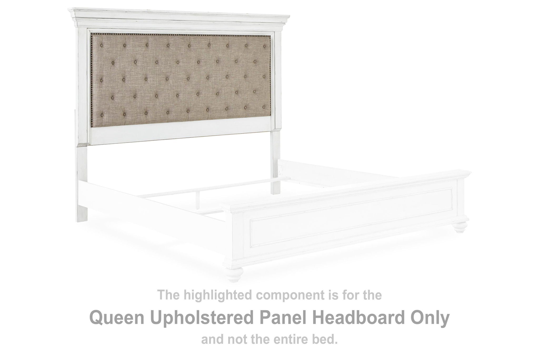 Queen upholstered panel headboard with whitewash frame and beige upholstered panel