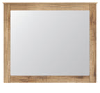 Bedroom mirror with light brown wood frame, front view with reflective glass