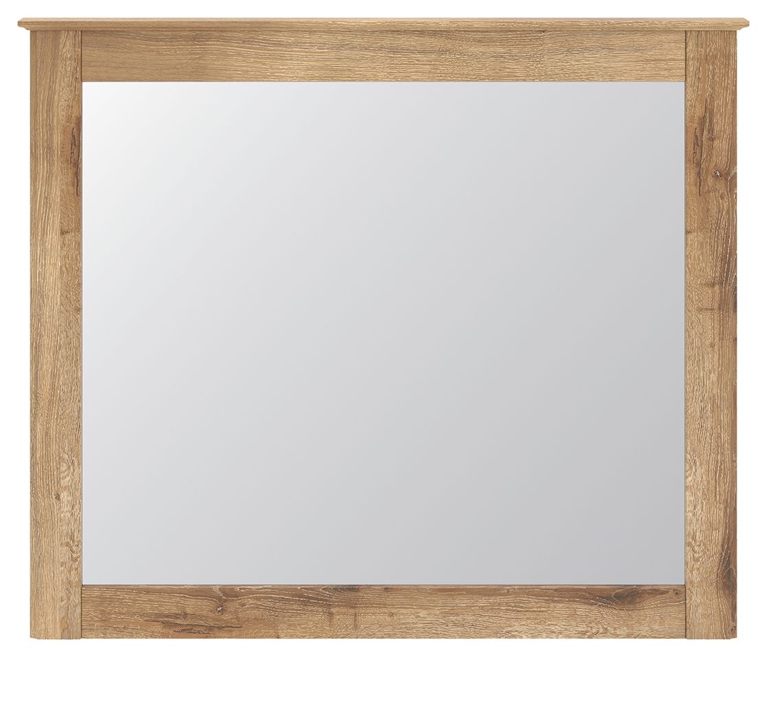Bedroom mirror with light brown wood frame, front view with reflective glass