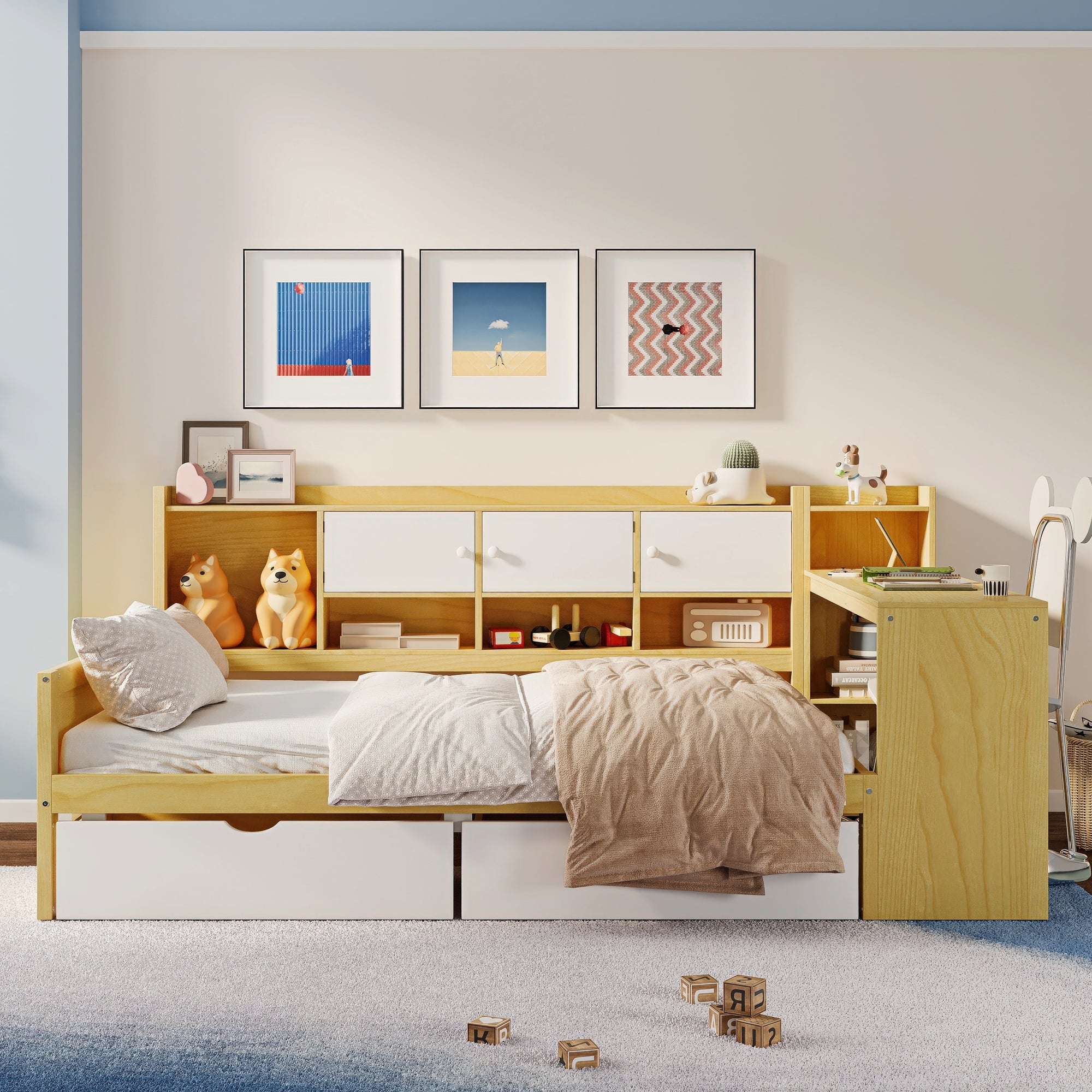 L-Shape Wooden Daybed: Storage, Desk & Bookshelf - Natural/White