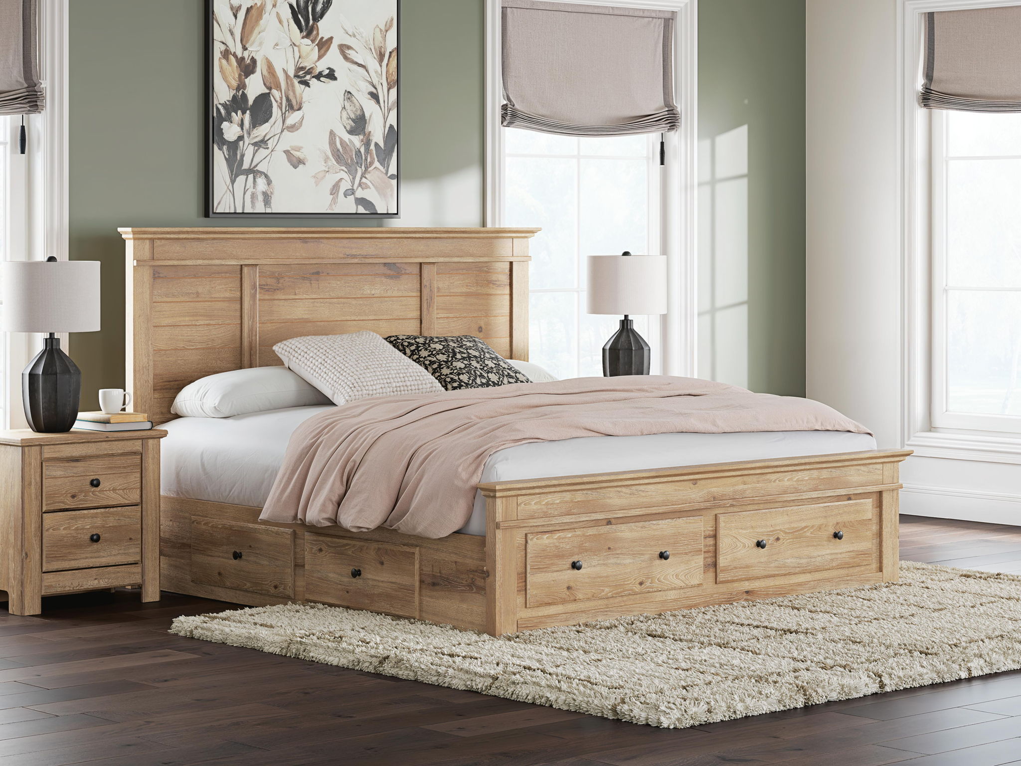 Light brown panel storage bed with multiple drawers on the side and a paneled headboard.