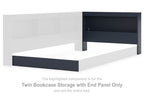 Bookcase storage end panel with open shelf, navy blue and white panels.