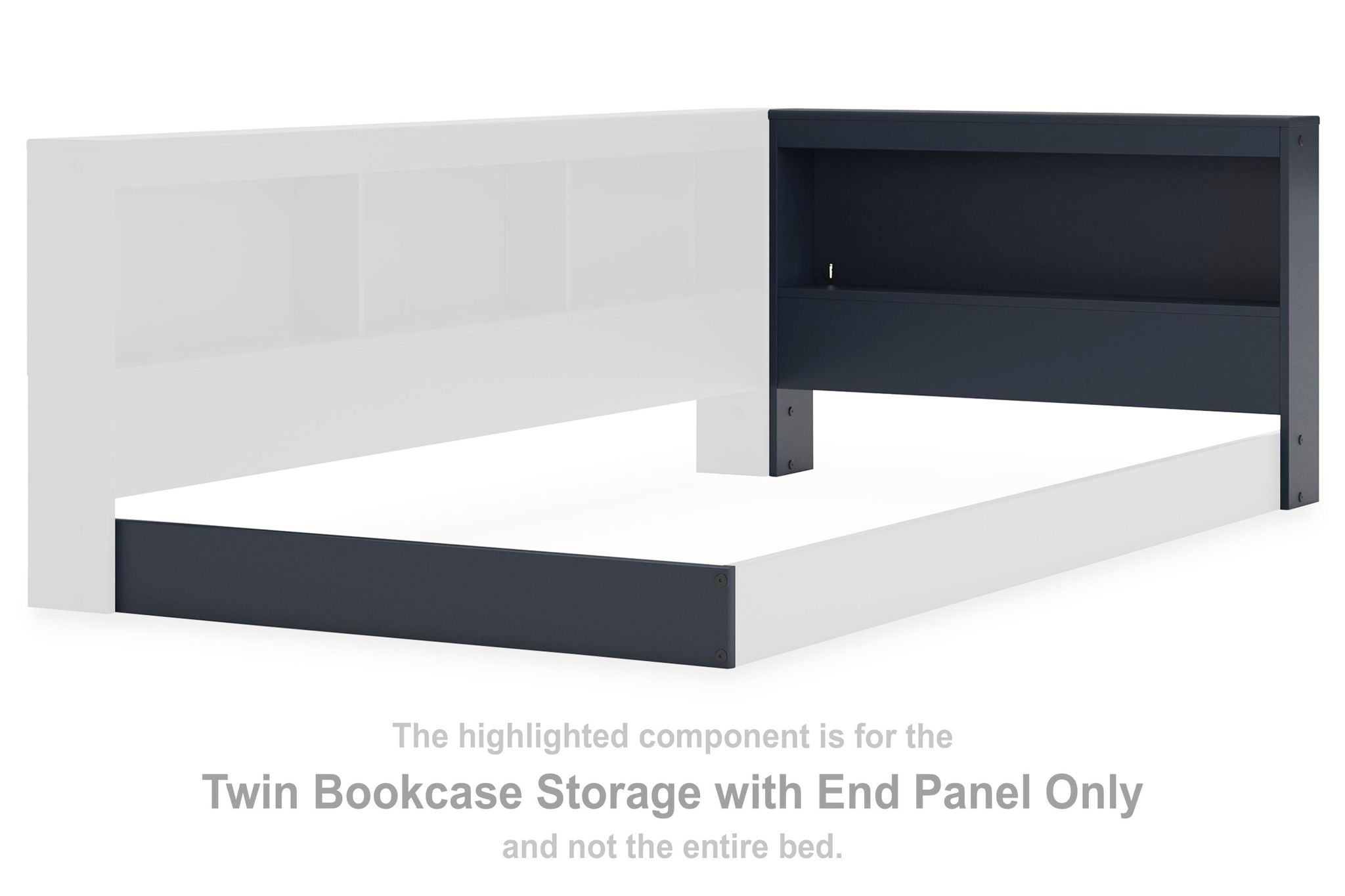 Bookcase storage end panel with open shelf, navy blue and white panels.