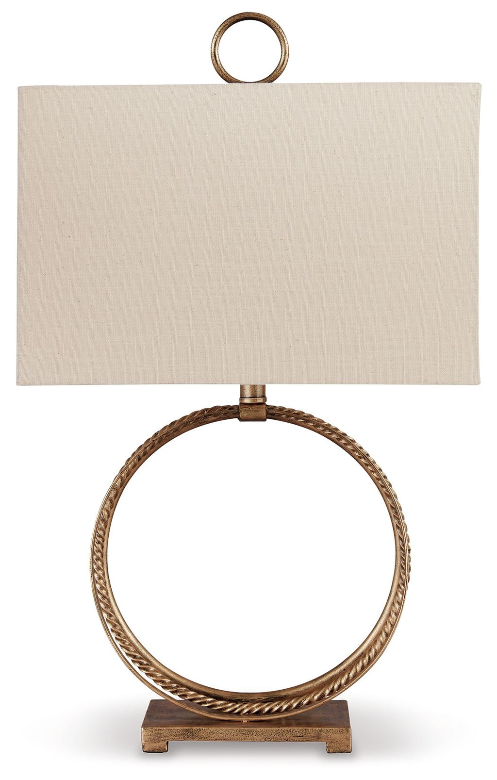 Antique gold metal table lamp with circular ring base and rectangular beige fabric shade