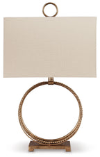 Antique gold metal table lamp with circular ring base and rectangular beige fabric shade