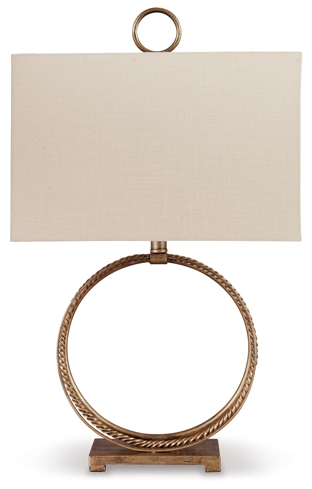 Antique gold metal table lamp with circular ring base and rectangular beige fabric shade