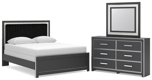 Upholstered panel bed frame in dark finish with white mattress and two pillows