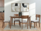Dining room set with brown table and four gray-seat chairs