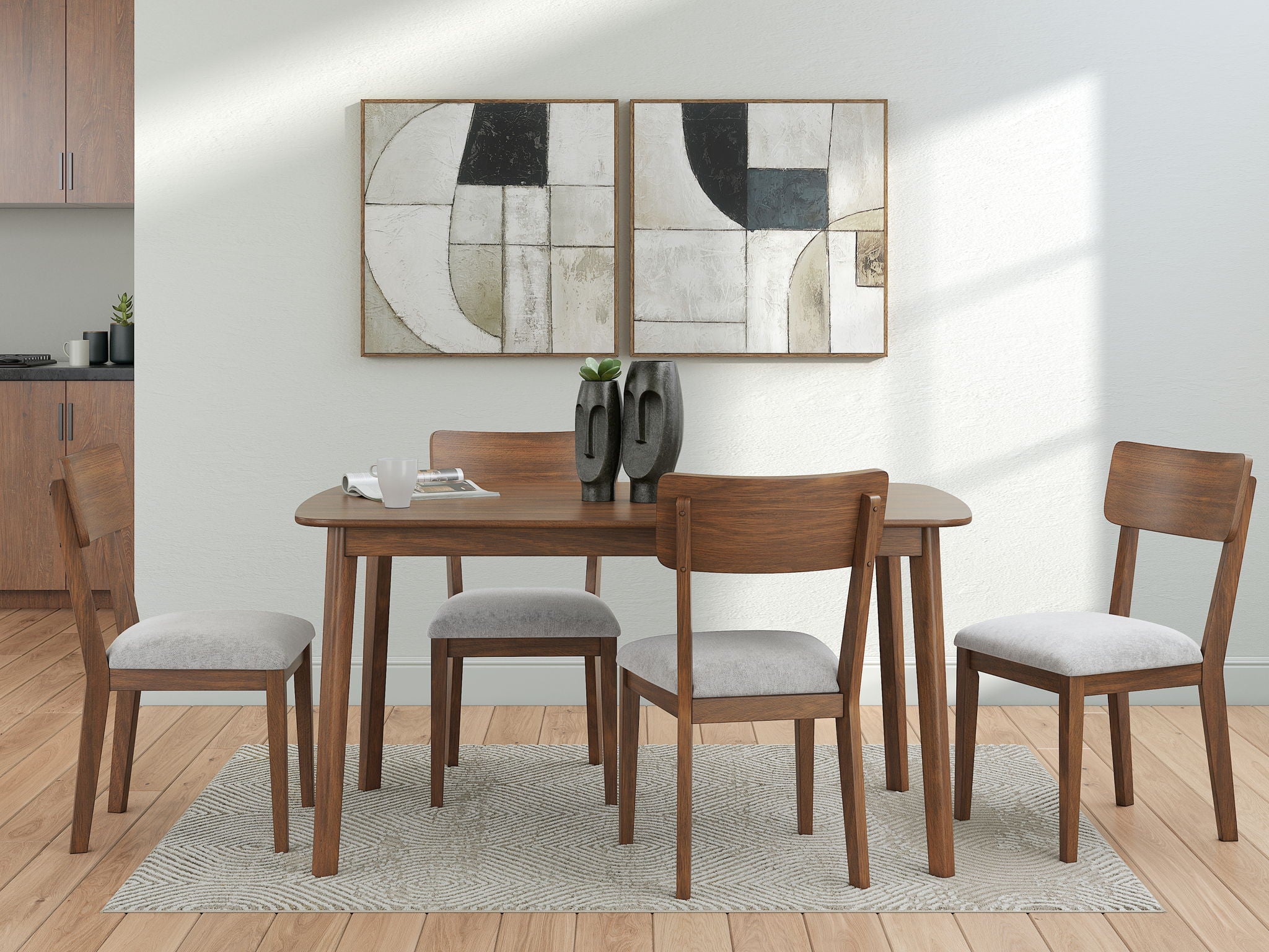 Dining room set with brown table and four gray-seat chairs