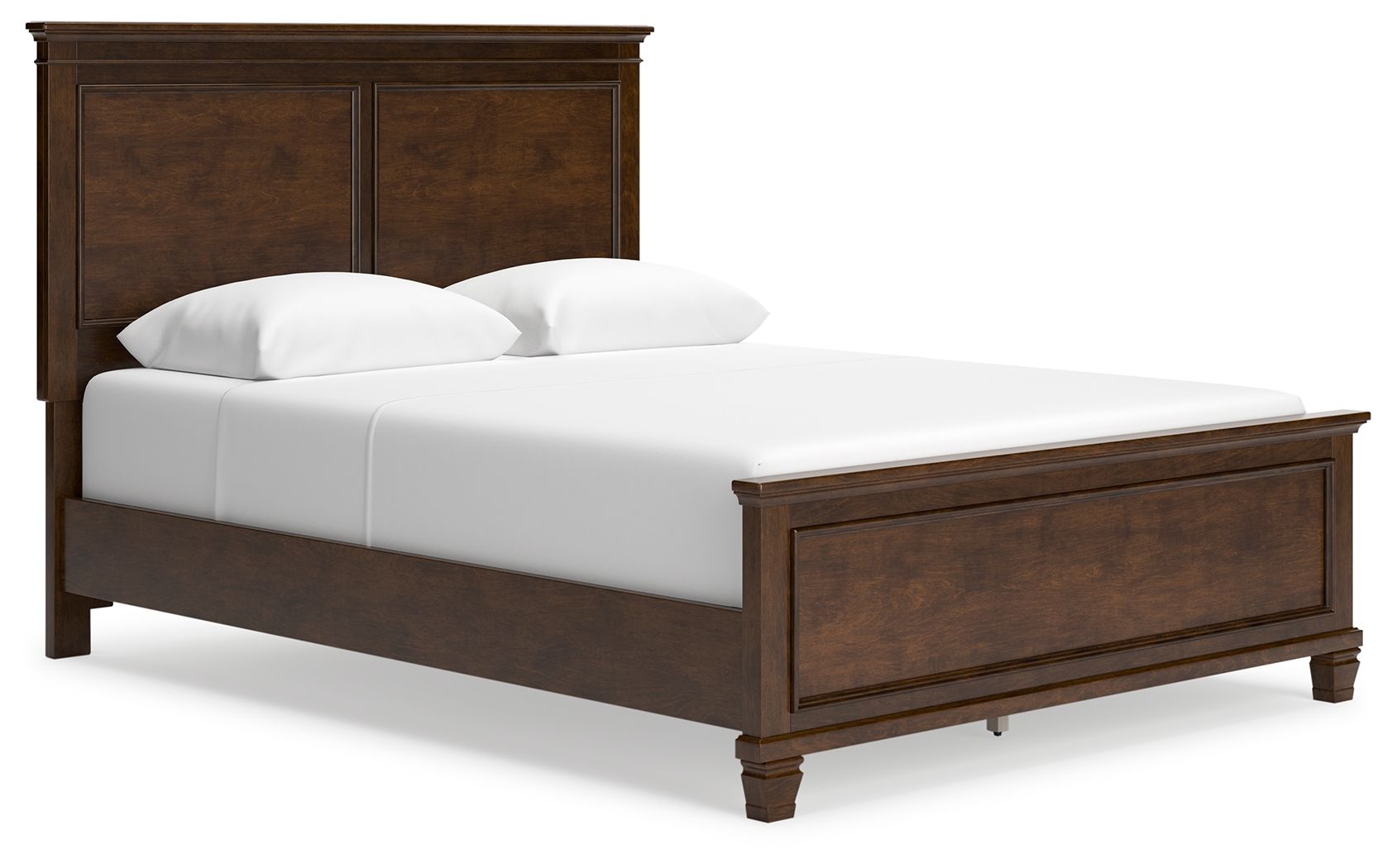 Dark brown panel bed with white mattress and two pillows, front view.