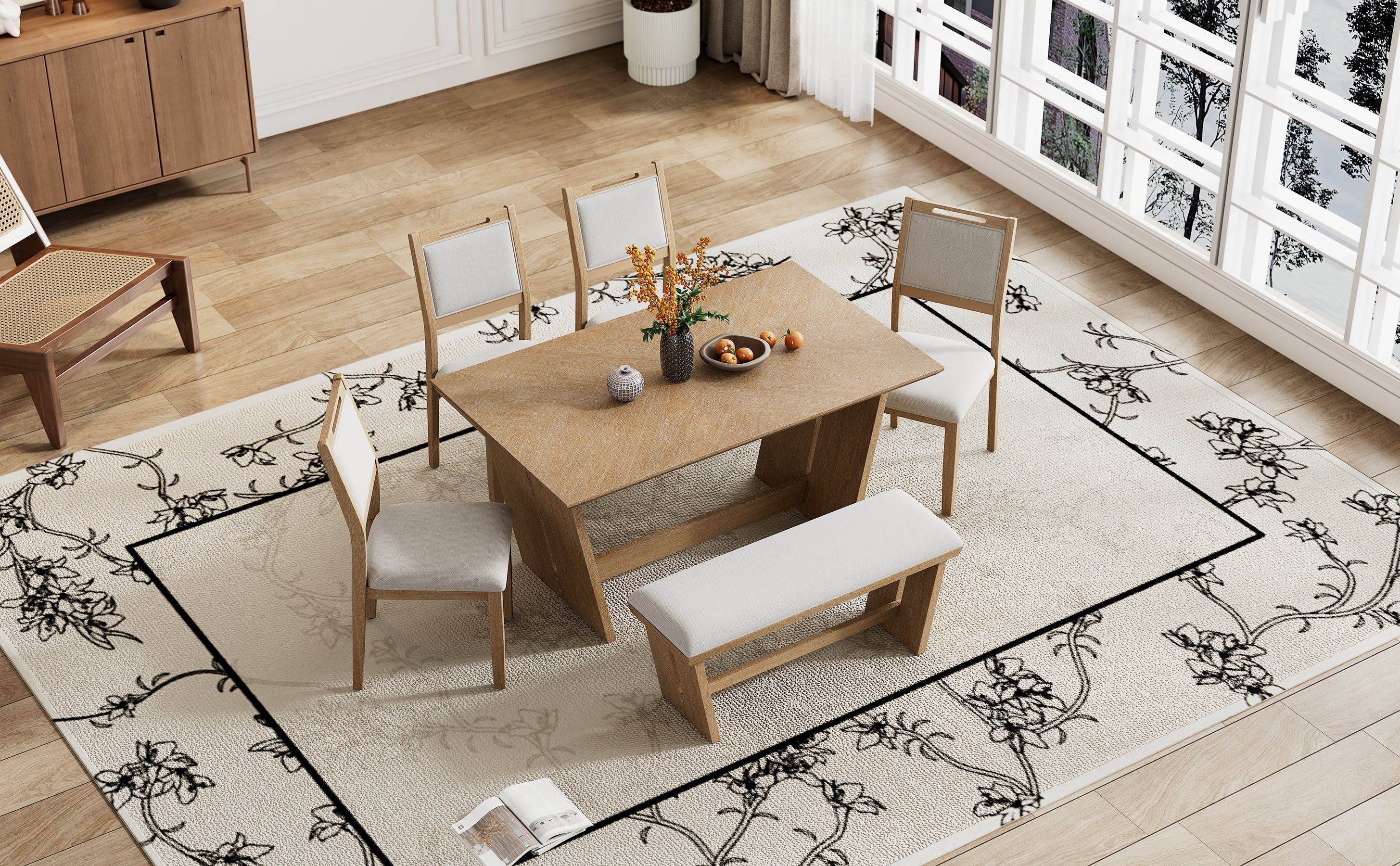6-Pc Retro Dining Set w/ Bench - Natural Wood