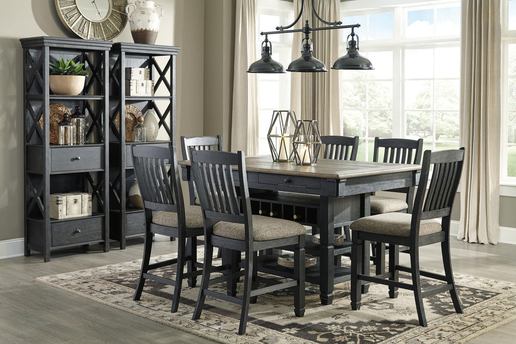 Dark gray display cabinet with open shelves, X-frame panels, and three drawer fronts