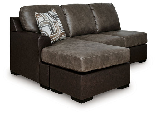 Brown sofa chaise with chaise ottoman, squared arms, and decorative throw pillow