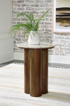 Henfield accent table with round beige stone top and brown wooden column base