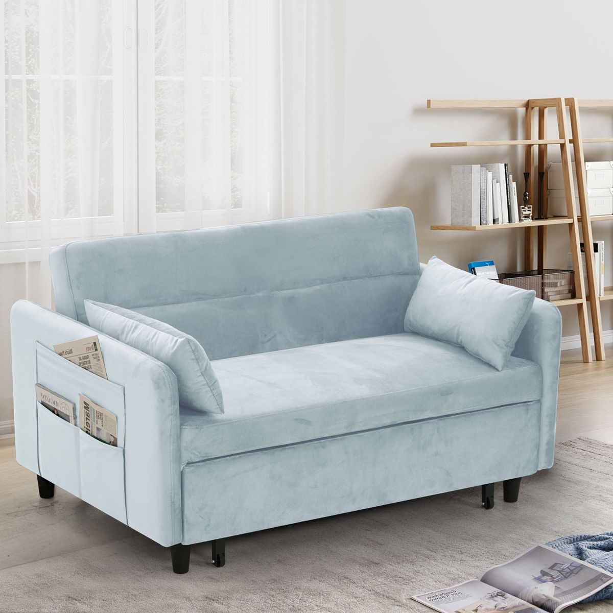 Sofa Pull-Out Bed Includes Two Pillows Light Blue Velvet Sofa With Small Space
