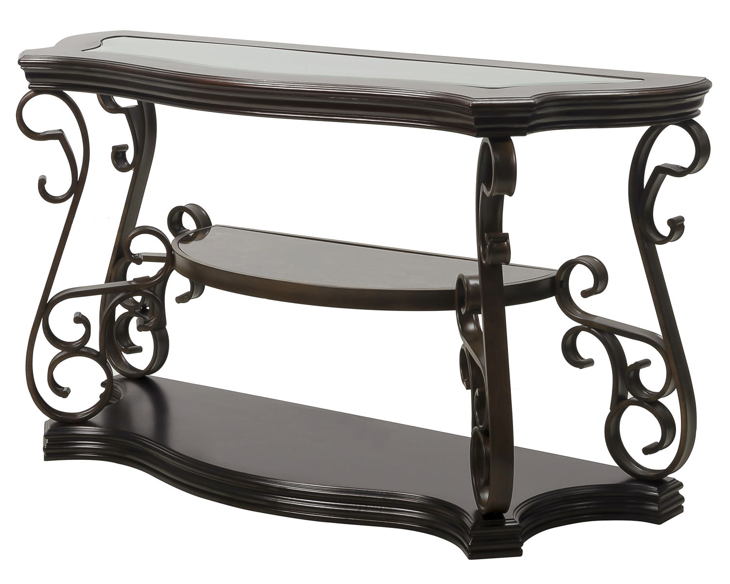 Sofa Table, Glass Table Top, MDF With Marble Paper Middle Shelf, Powder Coat Finish Metal Legs (54" Lx20" Wx30" H)