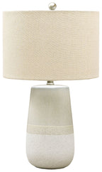 Beige ceramic table lamp with cylindrical fabric shade and tapered base, white trim band