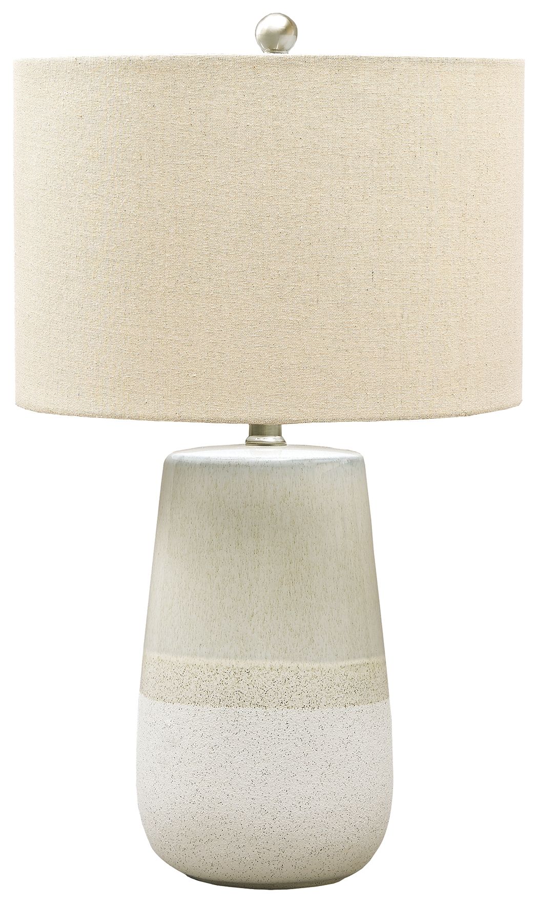 Beige ceramic table lamp with cylindrical fabric shade and tapered base, white trim band