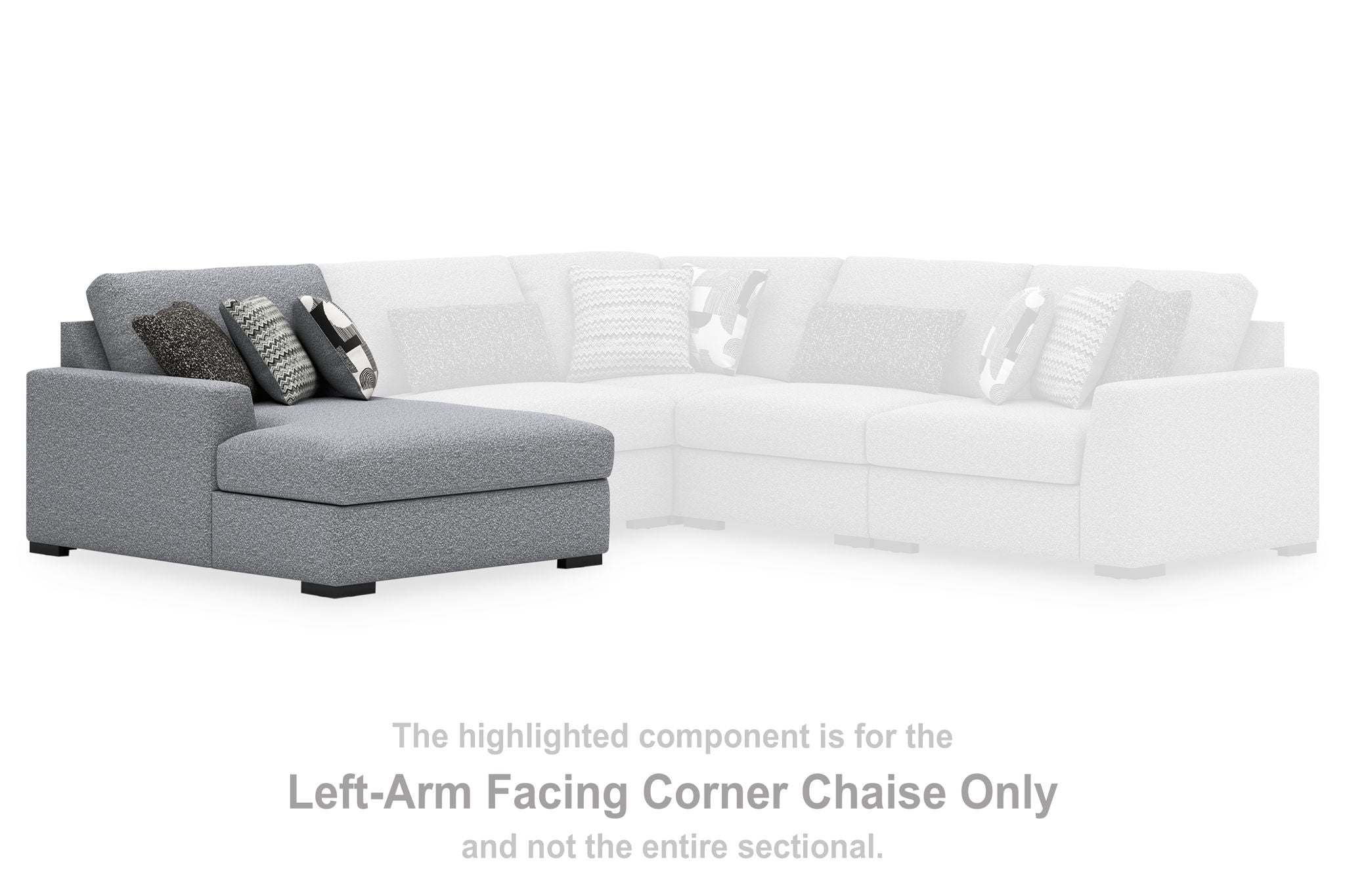 Grey fabric left-arm corner chaise section with backrest and throw pillows