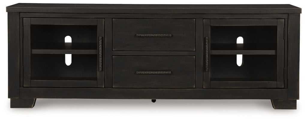 Extra large black TV stand, center drawers and two cabinet doors with glass panels