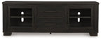 Extra large black TV stand, center drawers and two cabinet doors with glass panels