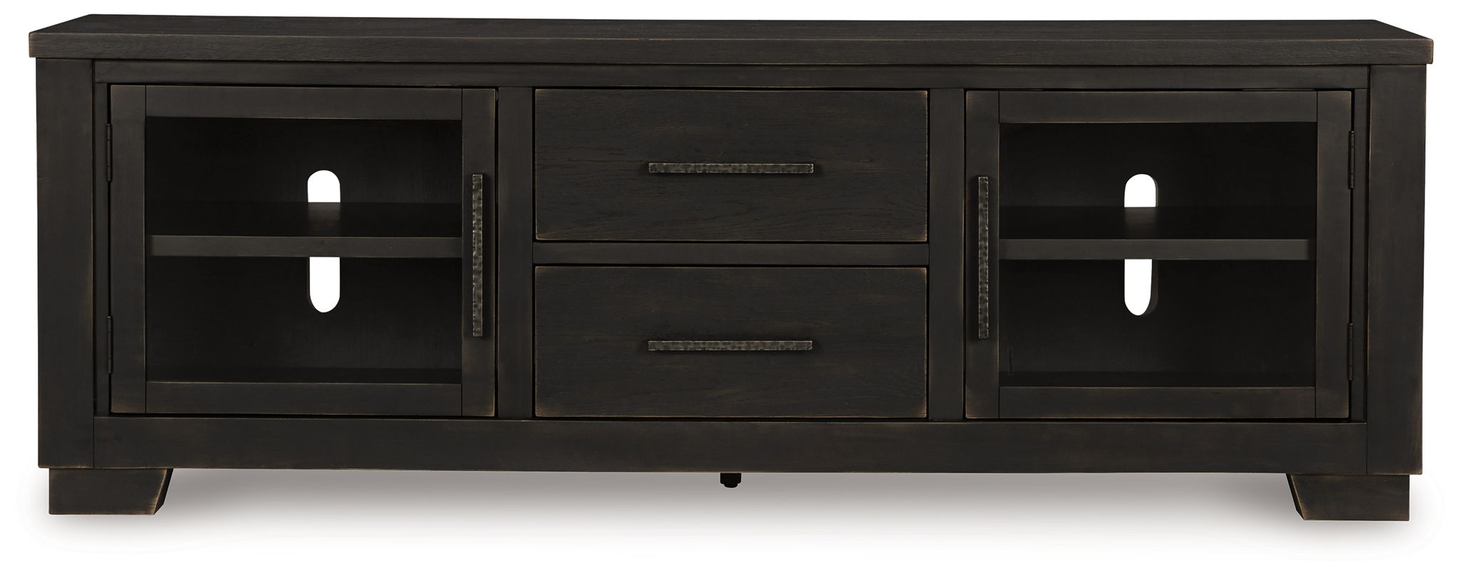 Extra large black TV stand, center drawers and two cabinet doors with glass panels
