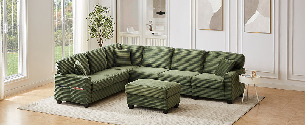 Green corduroy U-shaped sectional sofa with ottoman, corner cushions and arms