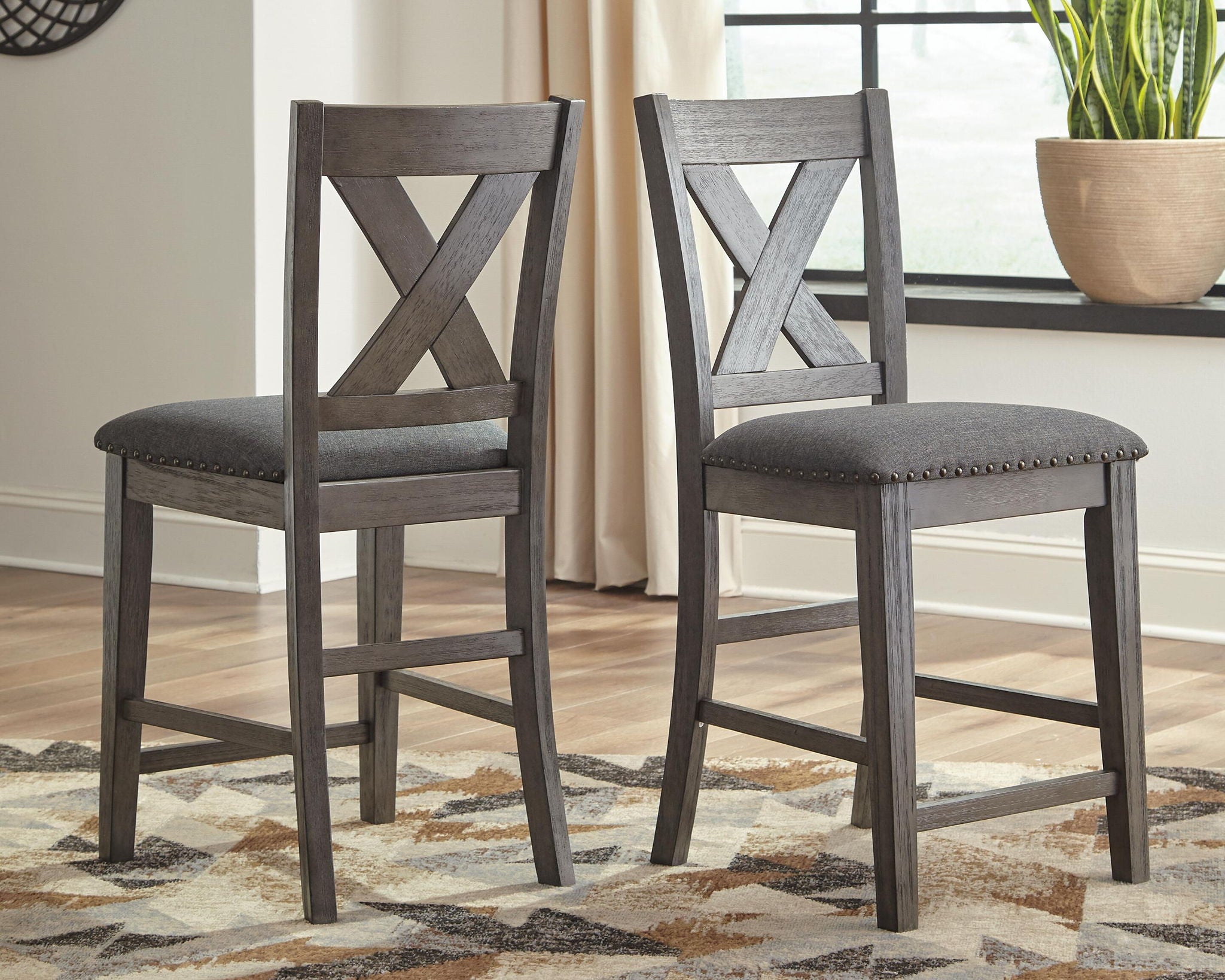 Gray upholstered barstools set of 2 with X-backrest and nailhead-trim seats