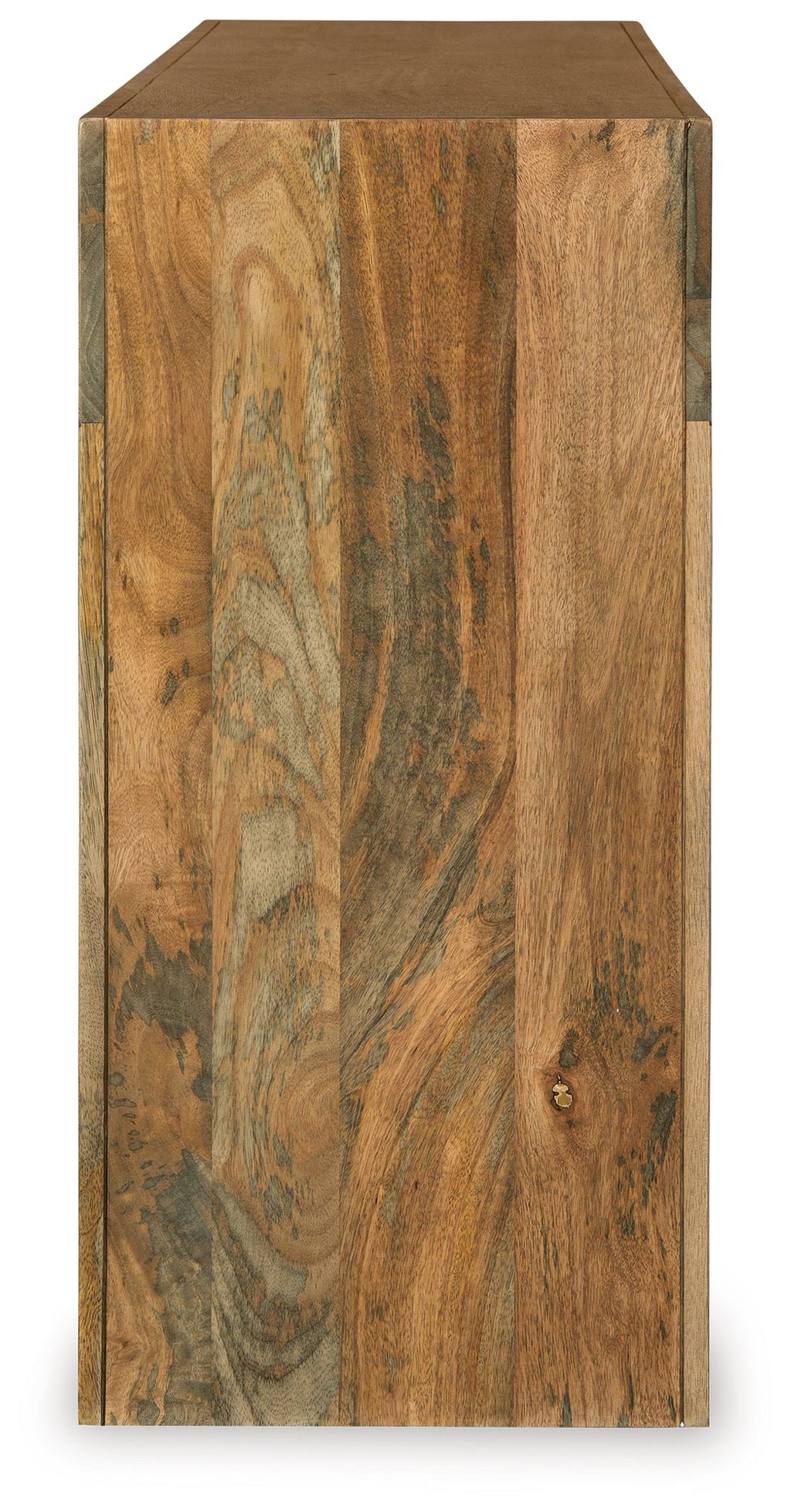 Natural brown wooden console sofa table end view