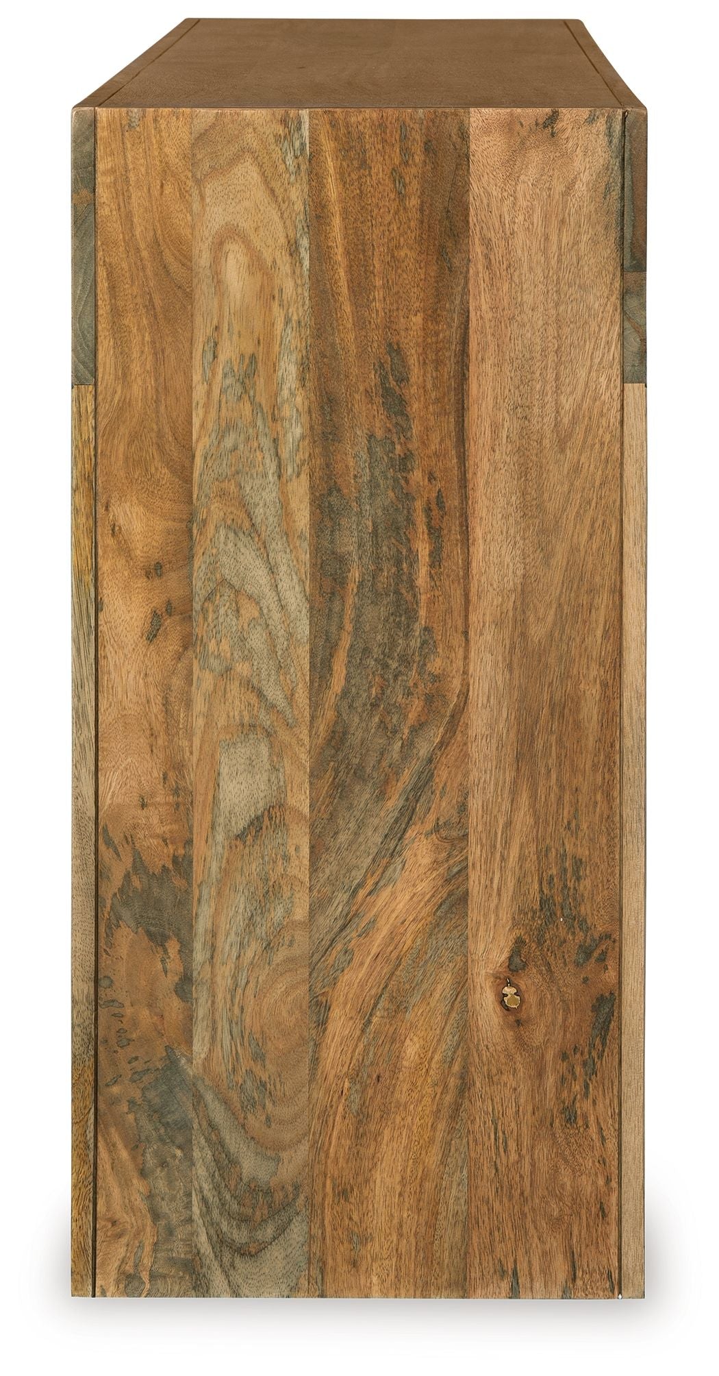 Natural brown wooden console sofa table end view