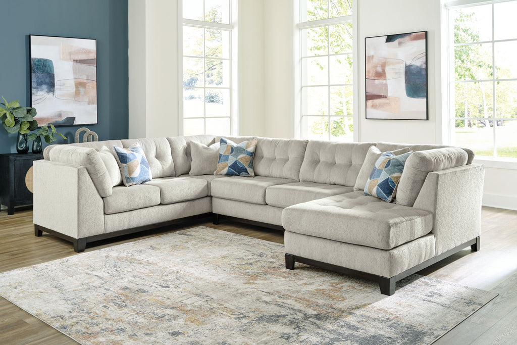 Beige corner sectional sofa with chaise and matching ottoman, 5-piece living room set