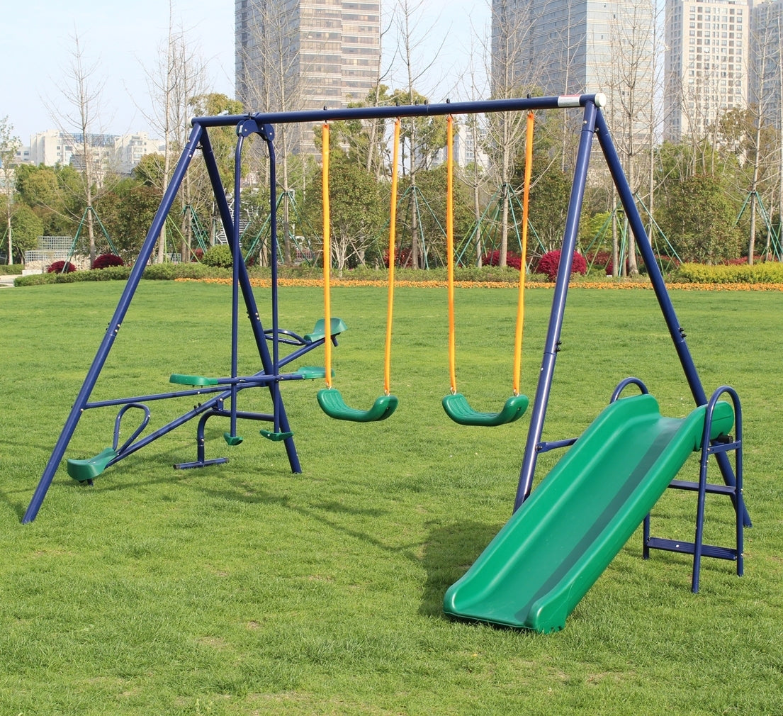 Metal Swing Set with Slide: Blue and Green Finish - Outdoor Playground Equipment
