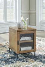 Brown chair-side end table with glass door and two interior shelves