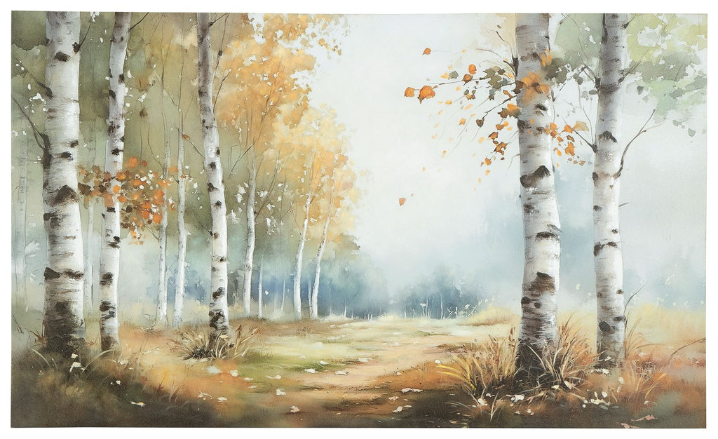 Birch forest wall art painting with soft mist, golden autumn leaves, and tall white trees