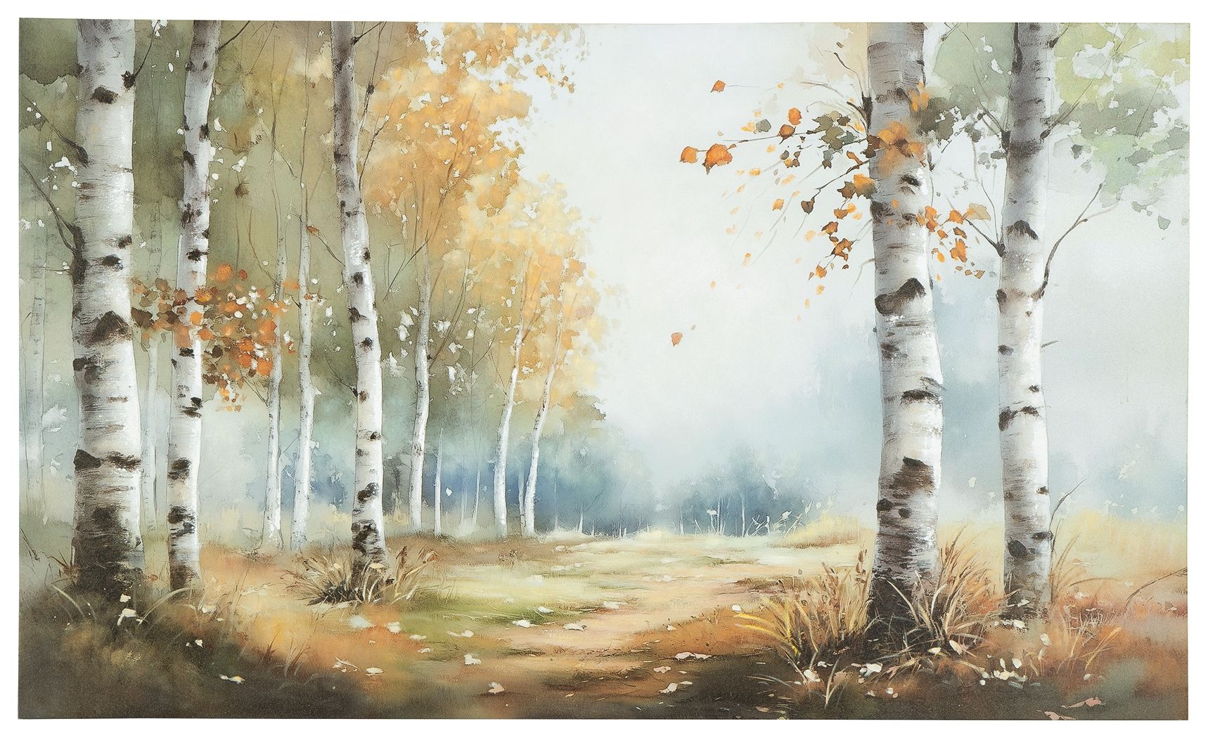 Birch forest wall art painting with soft mist, golden autumn leaves, and tall white trees
