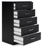 Black five-drawer chest with open drawers showing white organizers and silver bars.