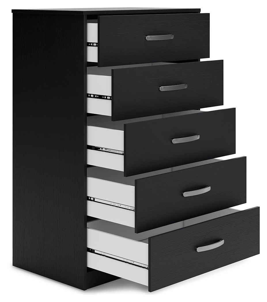 Black five-drawer chest with open drawers showing white organizers and silver bars.