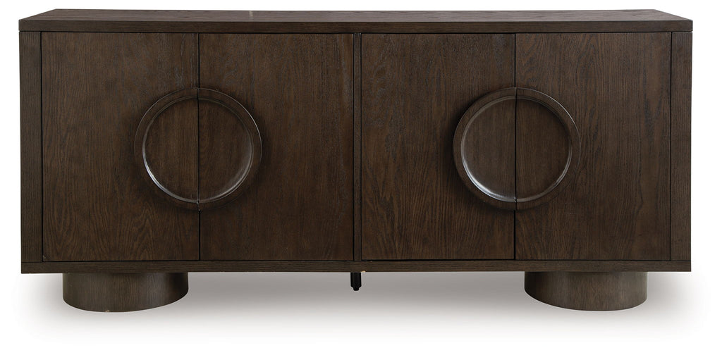 Dark brown accent cabinet with four-panel doors and two oval ring metal pulls