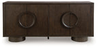 Dark brown accent cabinet with four-panel doors and two oval ring metal pulls