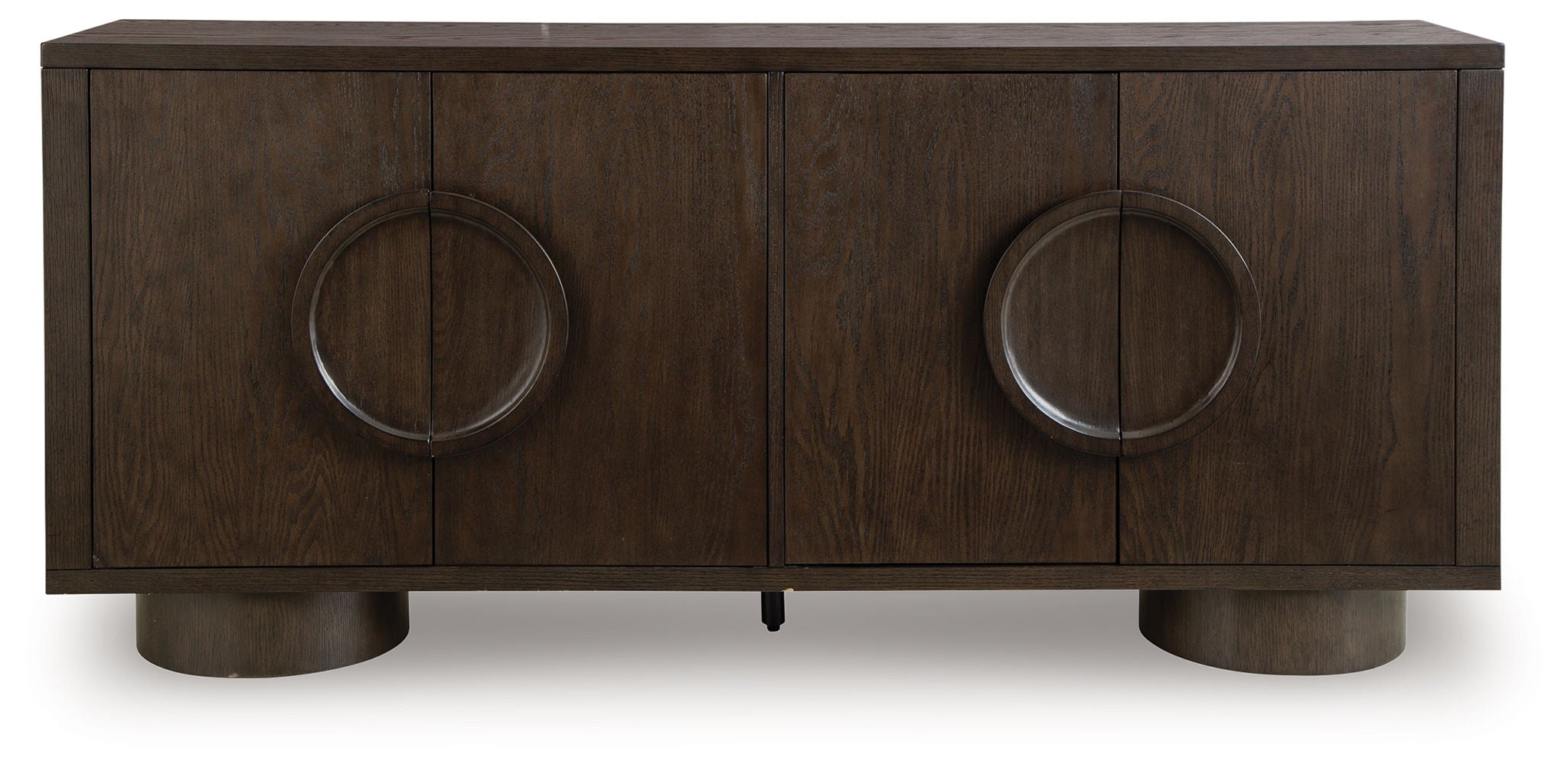 Dark brown accent cabinet with four-panel doors and two oval ring metal pulls