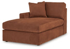 Spice brown corner chaise with rounded arms and two back pillows.