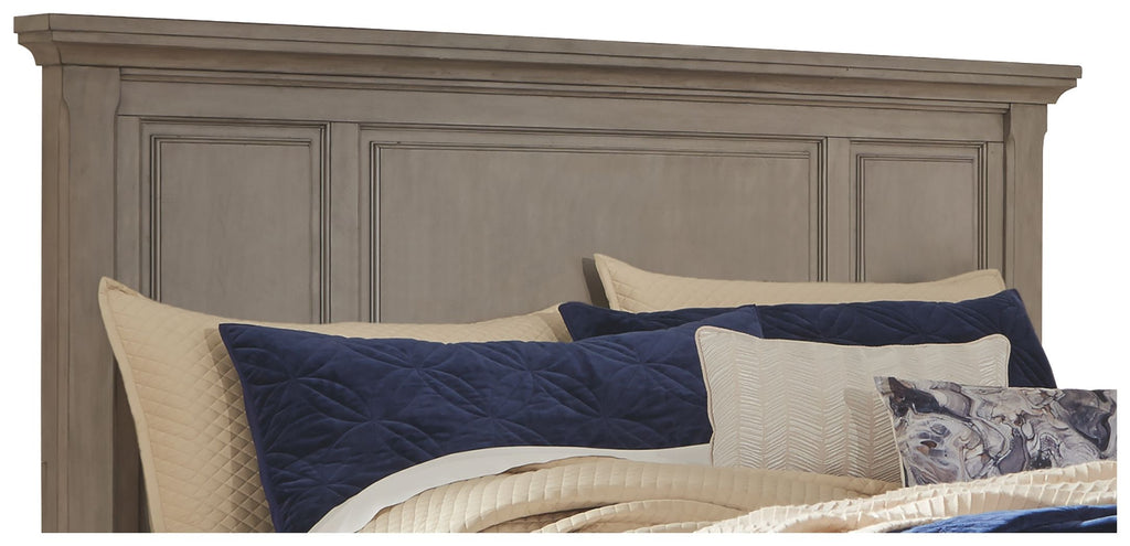 Gray panel headboard with recessed rectangular molding and tall top rail