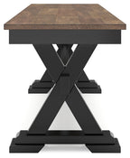 Dark brown dining bench with black pedestal base and wide feet.
